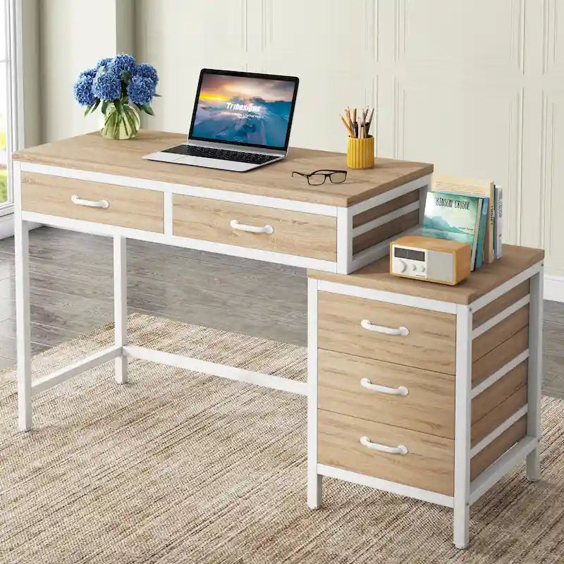 Bureau d'ordinateur réversible avec bureau à 2 tiroirs et meuble de classement à 3 tiroirs – Brun rustique / Gris / Blanc / Noyer clair / Gris et blanc / Noir, Style moderne, Individuel