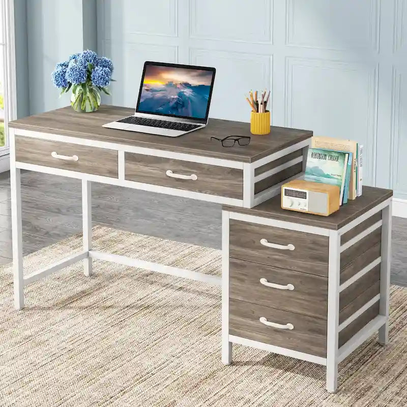 Bureau d'ordinateur réversible avec bureau à 2 tiroirs et meuble de classement à 3 tiroirs – Brun rustique / Gris / Blanc / Noyer clair / Gris et blanc / Noir, Style moderne, Individuel