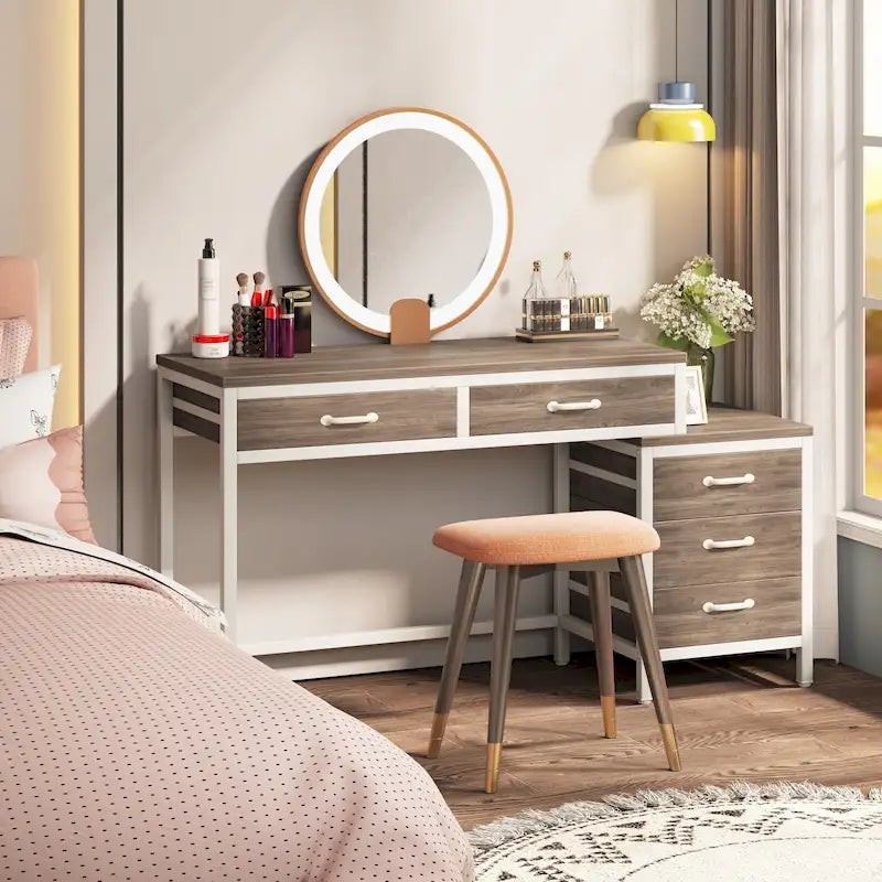 Bureau d'ordinateur réversible avec bureau à 2 tiroirs et meuble de classement à 3 tiroirs – Brun rustique / Gris / Blanc / Noyer clair / Gris et blanc / Noir, Style moderne, Individuel