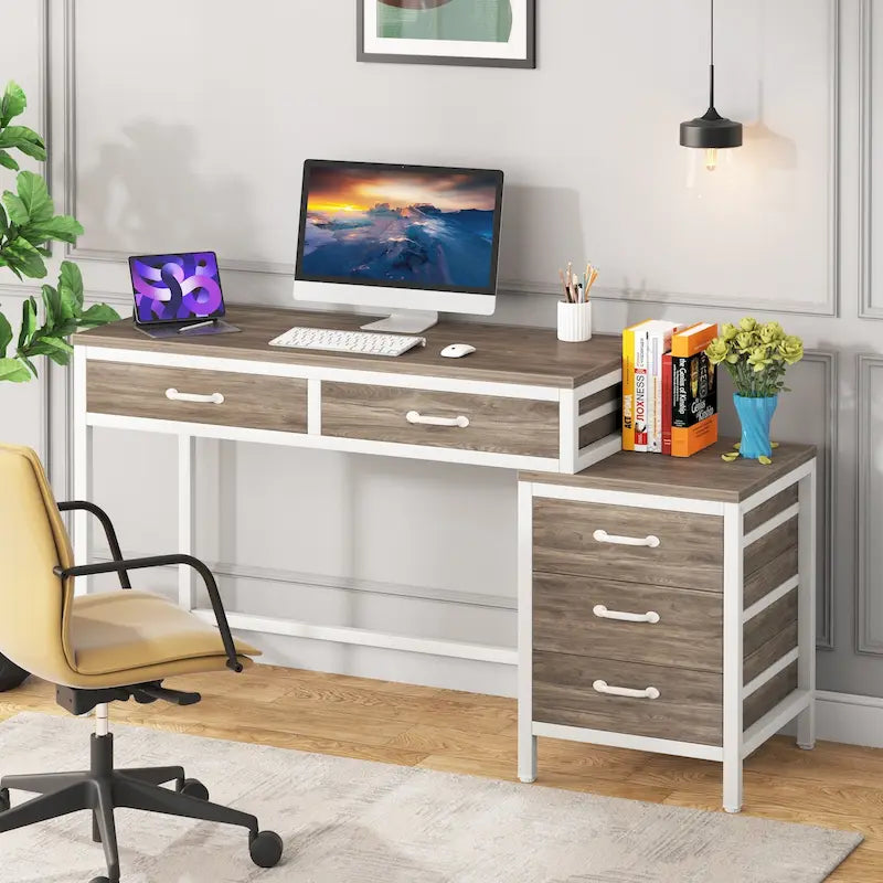 Bureau d'ordinateur réversible avec bureau à 2 tiroirs et meuble de classement à 3 tiroirs – Brun rustique / Gris / Blanc / Noyer clair / Gris et blanc / Noir, Style moderne, Individuel