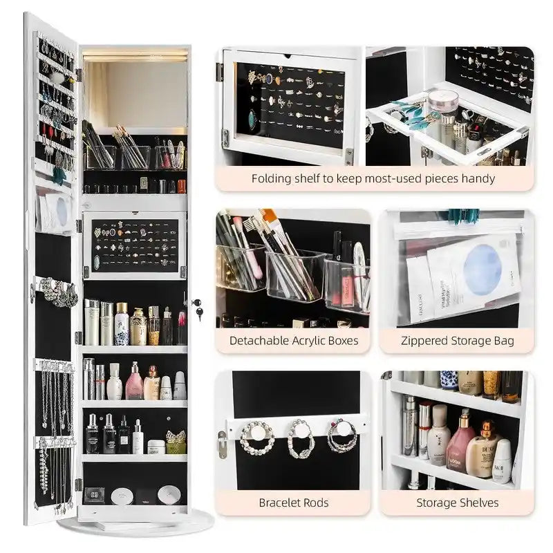 Armoire à bijoux rotative à 360° avec miroir pleine longueur – Blanc, Style moderne, Individuel