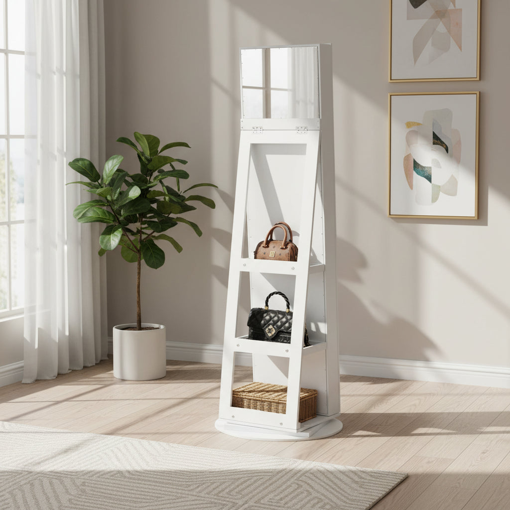 Armoire à bijoux rotative à 360° avec miroir pleine longueur – Blanc, Style moderne, Individuel