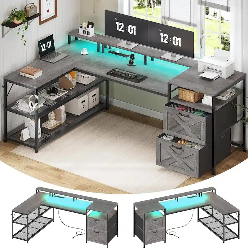 Bureau de jeu en L avec lumières LED, prise de courant et 2 tiroirs en tissu – Blanc / Gris / Marron, style gaming, individuel