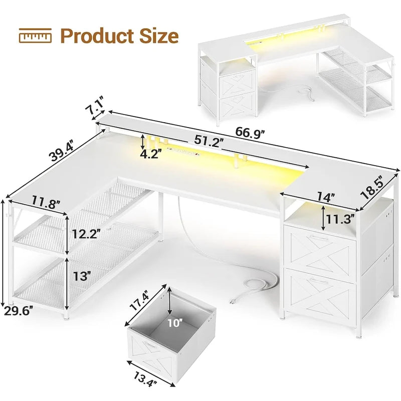 Bureau de jeu en L avec lumières LED, prise de courant et 2 tiroirs en tissu – Blanc / Gris / Marron, style gaming, individuel