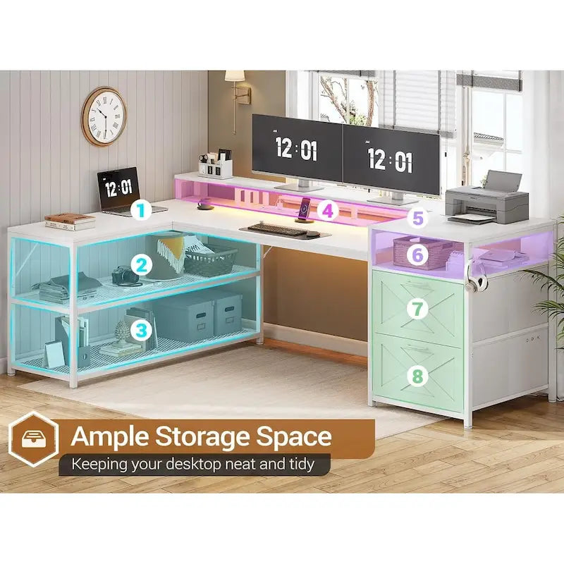 Bureau de jeu en L avec lumières LED, prise de courant et 2 tiroirs en tissu – Blanc / Gris / Marron, style gaming, individuel