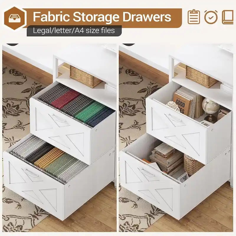 Bureau de jeu en L avec lumières LED, prise de courant et 2 tiroirs en tissu – Blanc / Gris / Marron, style gaming, individuel