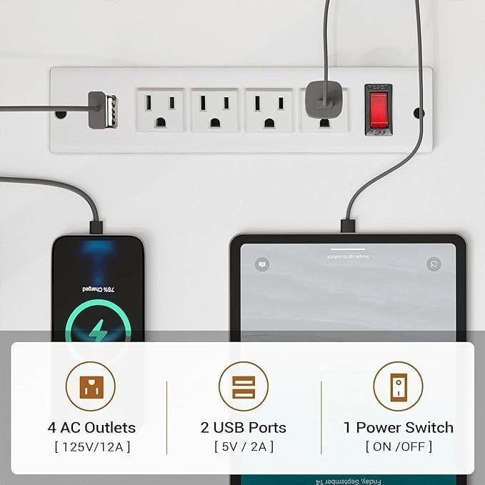 Bureau de jeu en L avec lumières LED, prise de courant et 2 tiroirs en tissu – Blanc / Gris / Marron, style gaming, individuel