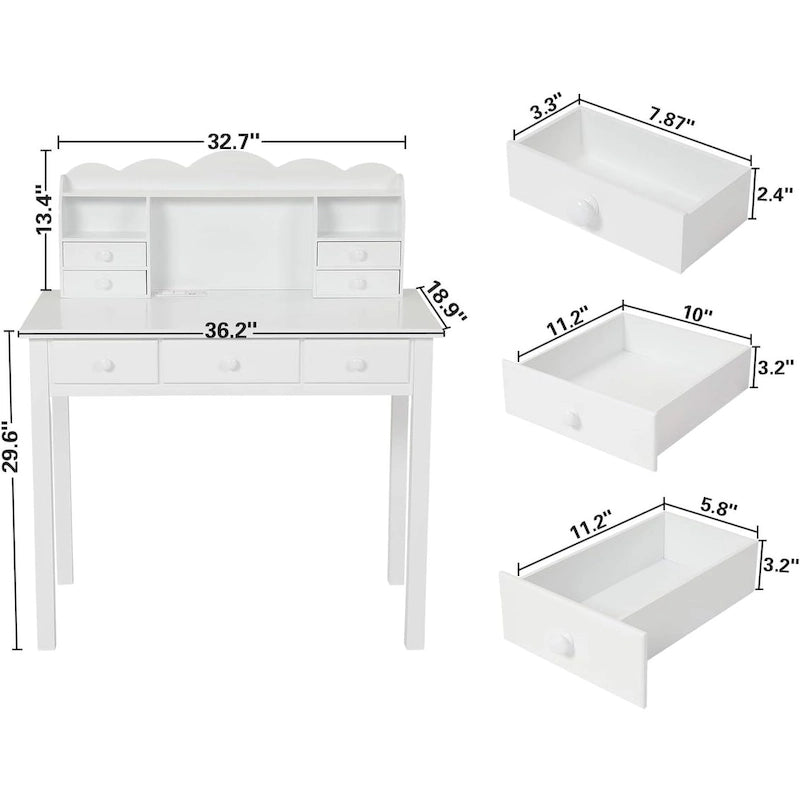 Bureau avec surmeuble amovible, 7 tiroirs et multiprise USB intégrée – Blanc, style moderne, simple