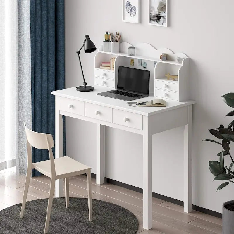 Bureau avec surmeuble amovible, 7 tiroirs et multiprise USB intégrée – Blanc, style moderne, simple
