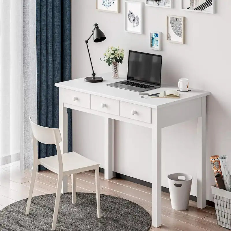 Bureau avec surmeuble amovible, 7 tiroirs et multiprise USB intégrée – Blanc, style moderne, simple