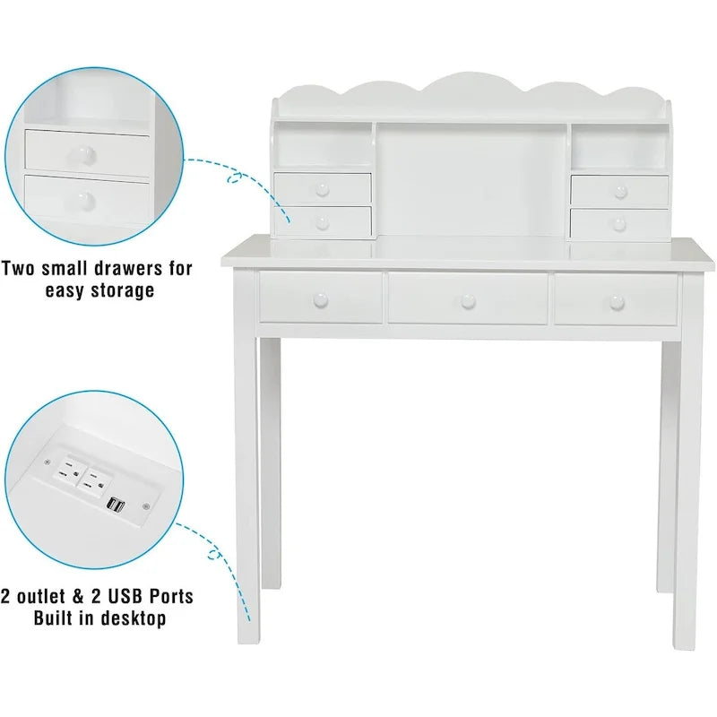 Bureau avec surmeuble amovible, 7 tiroirs et multiprise USB intégrée – Blanc, style moderne, simple