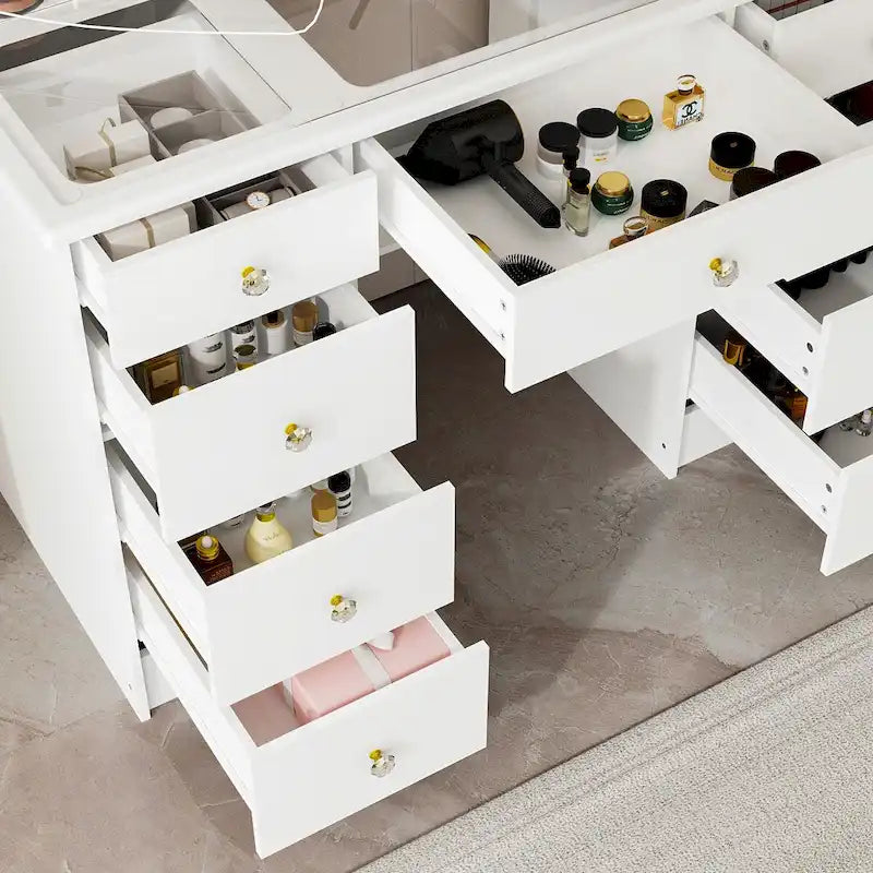 Coiffeuse avec miroir triptyque et éclairage LED – Blanc, style glamour, simple