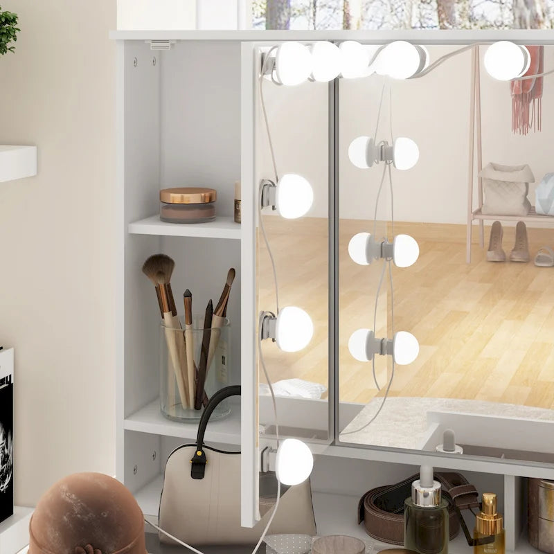 Coiffeuse avec miroir triptyque et éclairage LED – Blanc, style glamour, simple