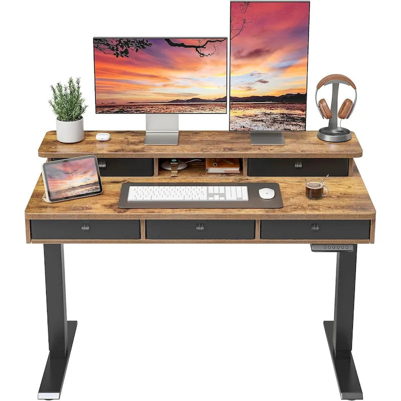 Bureau debout électrique réglable en hauteur avec 5 tiroirs et support d'écran – Marron rustique / Rustique clair, style industriel, simple