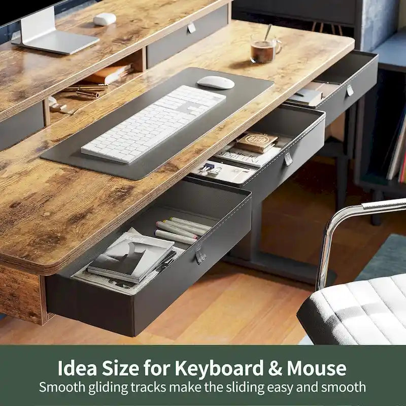 Bureau debout électrique réglable en hauteur avec 5 tiroirs et support d'écran – Marron rustique / Rustique clair, style industriel, simple