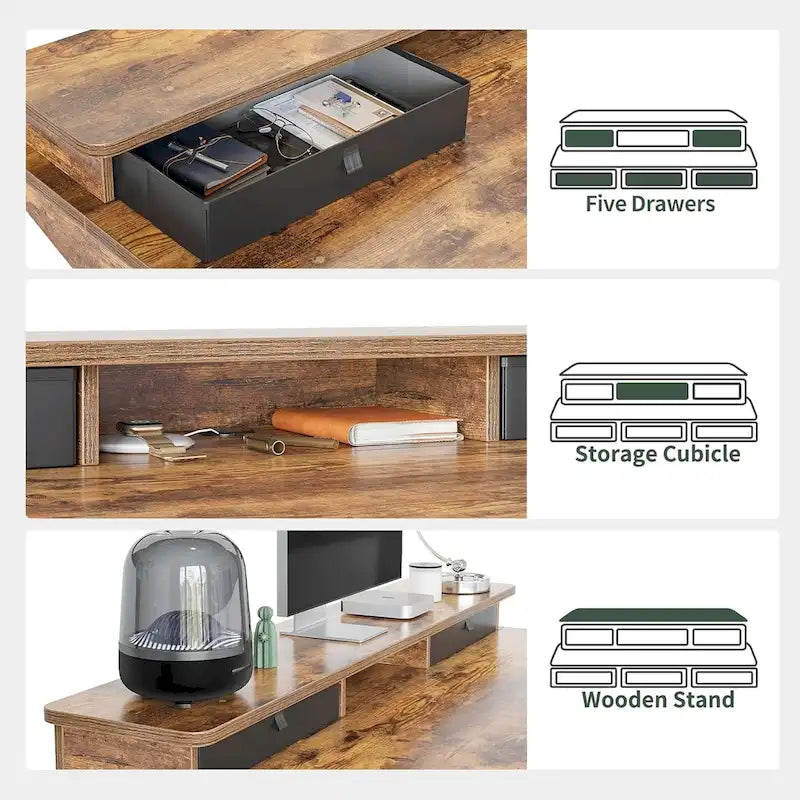 Bureau debout électrique réglable en hauteur avec 5 tiroirs et support d'écran – Marron rustique / Rustique clair, style industriel, simple