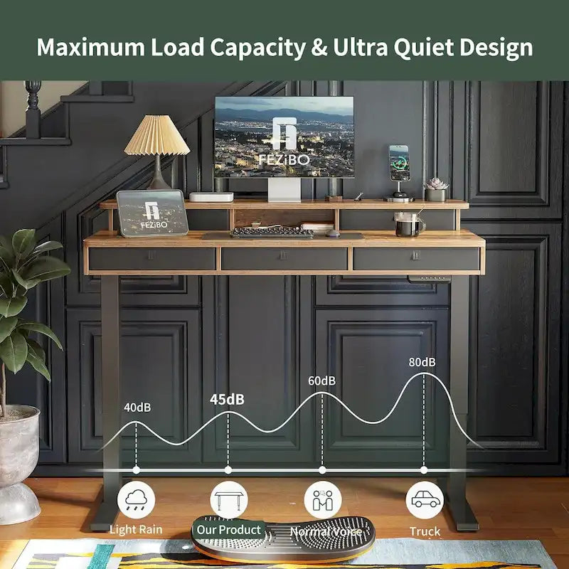 Bureau debout électrique réglable en hauteur avec 5 tiroirs et support d'écran – Marron rustique / Rustique clair, style industriel, simple