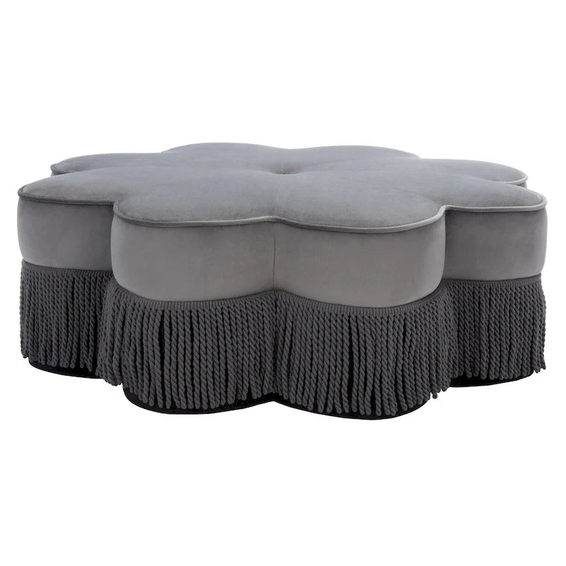 Pouf ottoman en velours frangé en forme de fleur avec passepoil – Gris foncé / Noir / Bleu poudré, style moderne, individuel