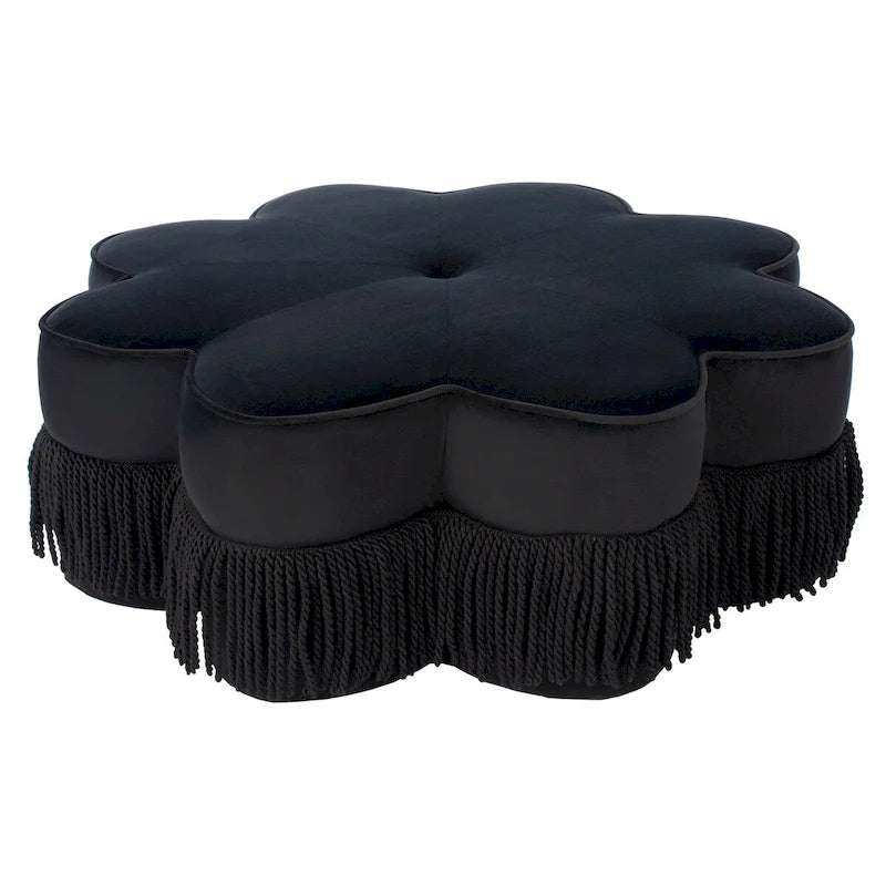 Pouf ottoman en velours frangé en forme de fleur avec passepoil – Gris foncé / Noir / Bleu poudré, style moderne, individuel