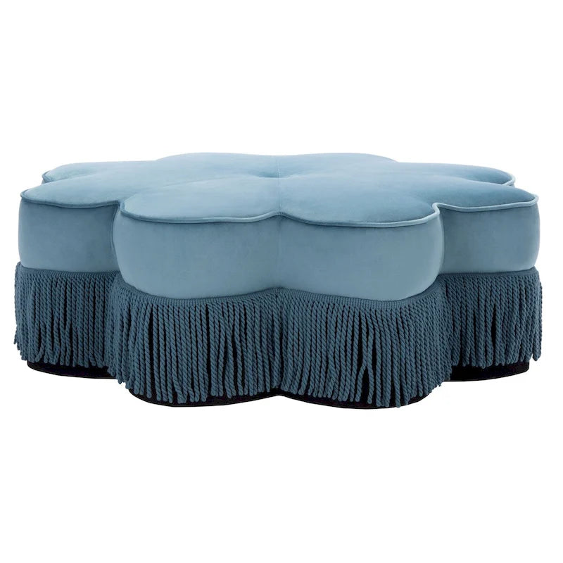 Pouf ottoman en velours frangé en forme de fleur avec passepoil – Gris foncé / Noir / Bleu poudré, style moderne, individuel