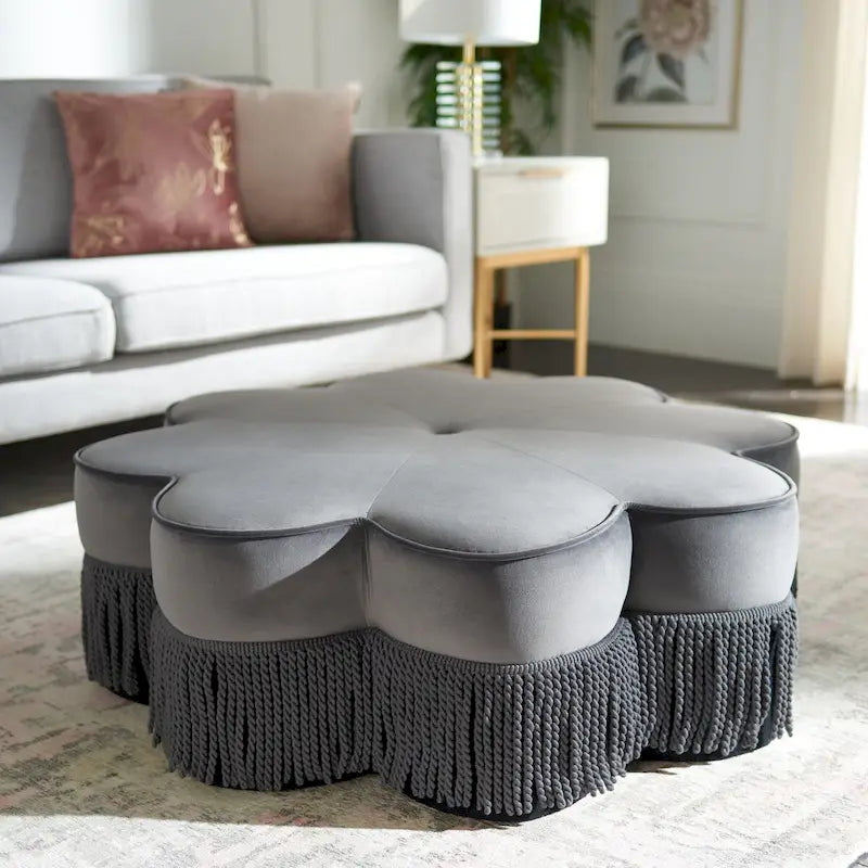 Pouf ottoman en velours frangé en forme de fleur avec passepoil – Gris foncé / Noir / Bleu poudré, style moderne, individuel