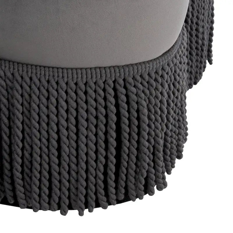 Pouf ottoman en velours frangé en forme de fleur avec passepoil – Gris foncé / Noir / Bleu poudré, style moderne, individuel