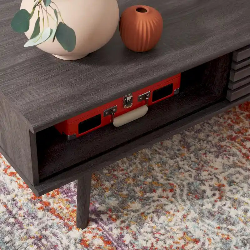 Table basse style Mid-Century avec 1 étagère et portes coulissantes – Noir vieilli / Noyer / Noir / Chêne / Blanc délavé, Style Mid-Century, Unique