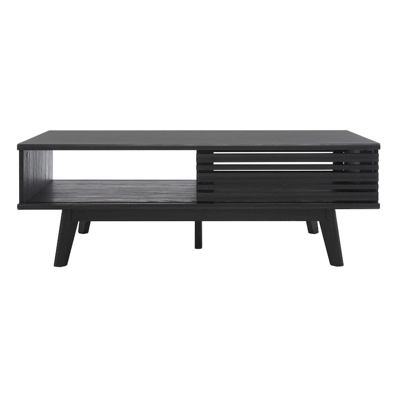 Table basse style Mid-Century avec 1 étagère et portes coulissantes – Noir vieilli / Noyer / Noir / Chêne / Blanc délavé, Style Mid-Century, Unique