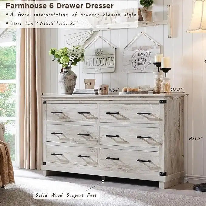 Farmhouse 6 Drawers Dresser, Wood Chest of Drawers, Closet Dresser