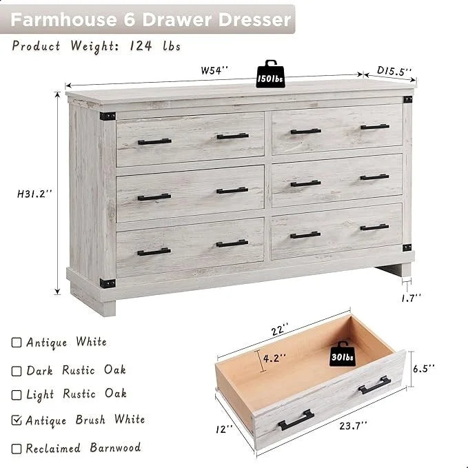 Commode 6 tiroirs – Blanc antique / Chêne rustique / Bois de grange, Bois, Simple
