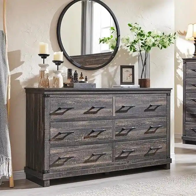 Commode 6 tiroirs – Blanc antique / Chêne rustique / Bois de grange, Bois, Simple