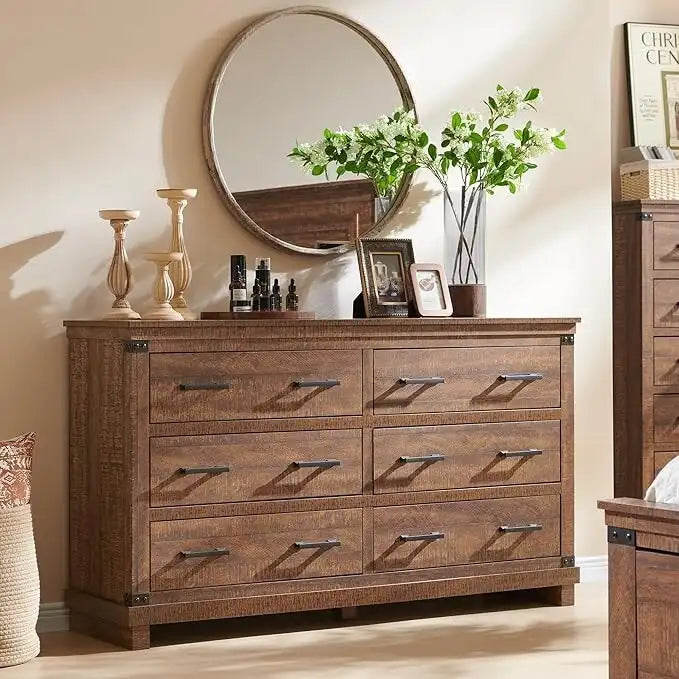 Commode 6 tiroirs – Blanc antique / Chêne rustique / Bois de grange, Bois, Simple