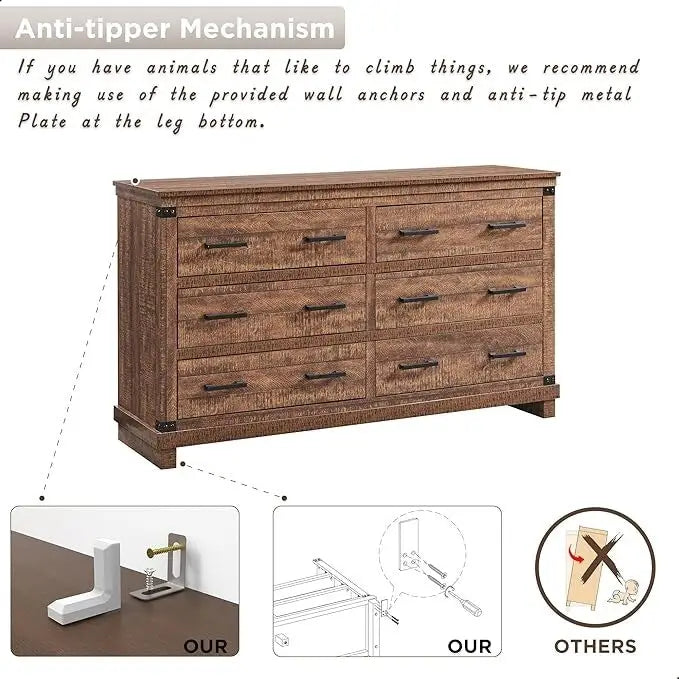 Commode 6 tiroirs – Blanc antique / Chêne rustique / Bois de grange, Bois, Simple