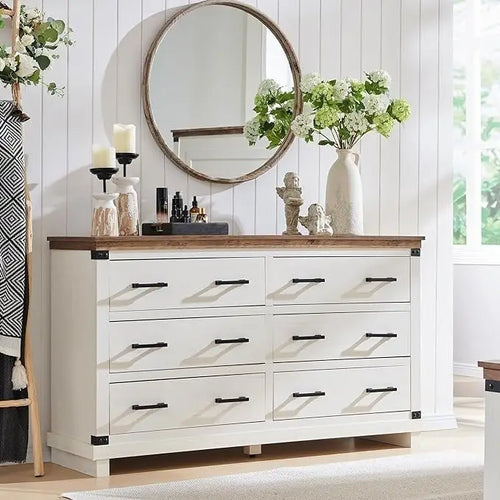 Commode 6 tiroirs – Blanc antique / Chêne rustique / Bois de grange, Bois, Simple