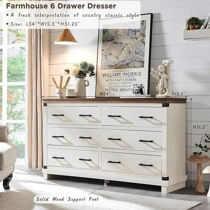 Commode 6 tiroirs – Blanc antique / Chêne rustique / Bois de grange, Bois, Simple