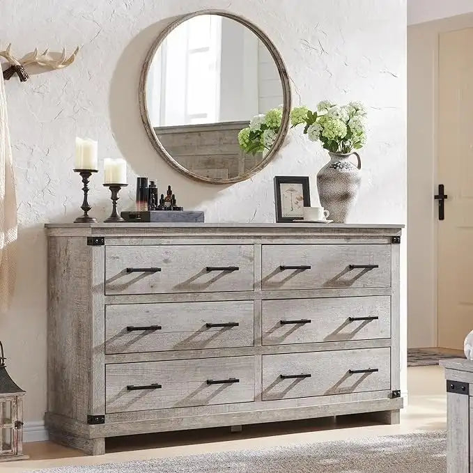 Commode 6 tiroirs – Blanc antique / Chêne rustique / Bois de grange, Bois, Simple