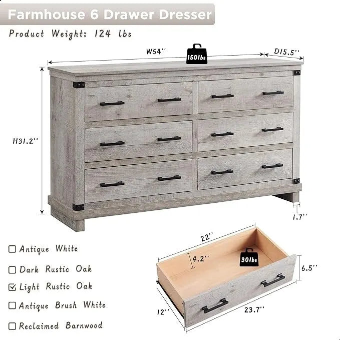 Commode 6 tiroirs – Blanc antique / Chêne rustique / Bois de grange, Bois, Simple