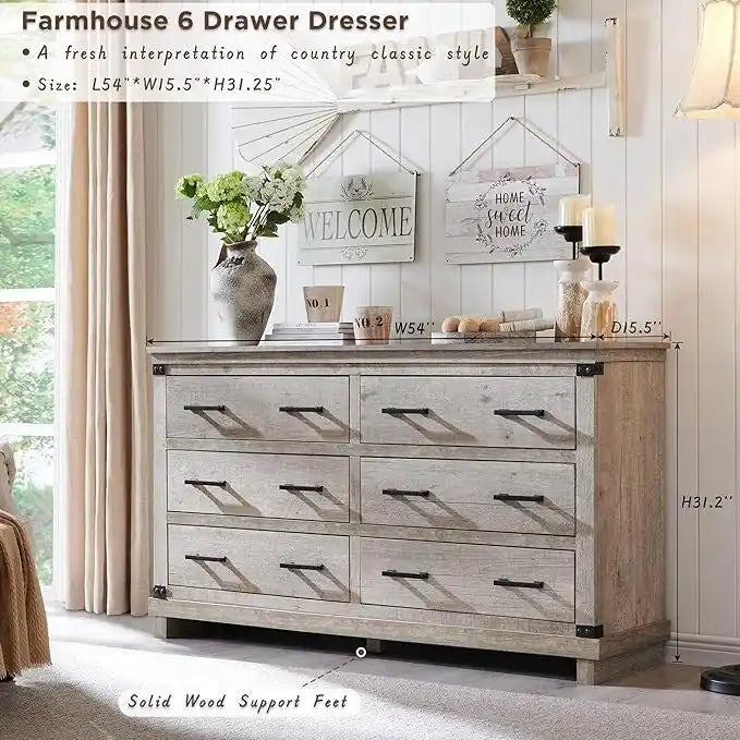Commode 6 tiroirs – Blanc antique / Chêne rustique / Bois de grange, Bois, Simple