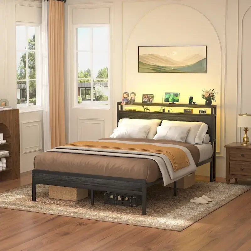 Cadre de lit plateforme avec tête de lit de rangement et LED – Marron / Gris / Noir, style industriel, simple