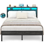 Cadre de lit plateforme avec tête de lit de rangement et LED – Marron / Gris / Noir, style industriel, simple