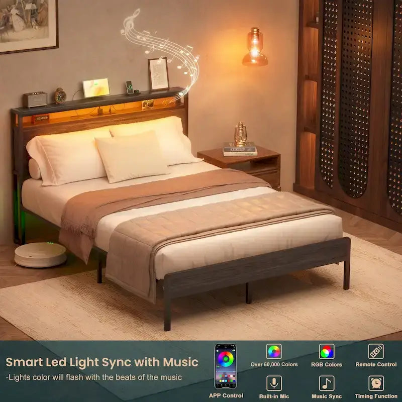 Cadre de lit plateforme avec tête de lit de rangement et LED – Marron / Gris / Noir, style industriel, simple