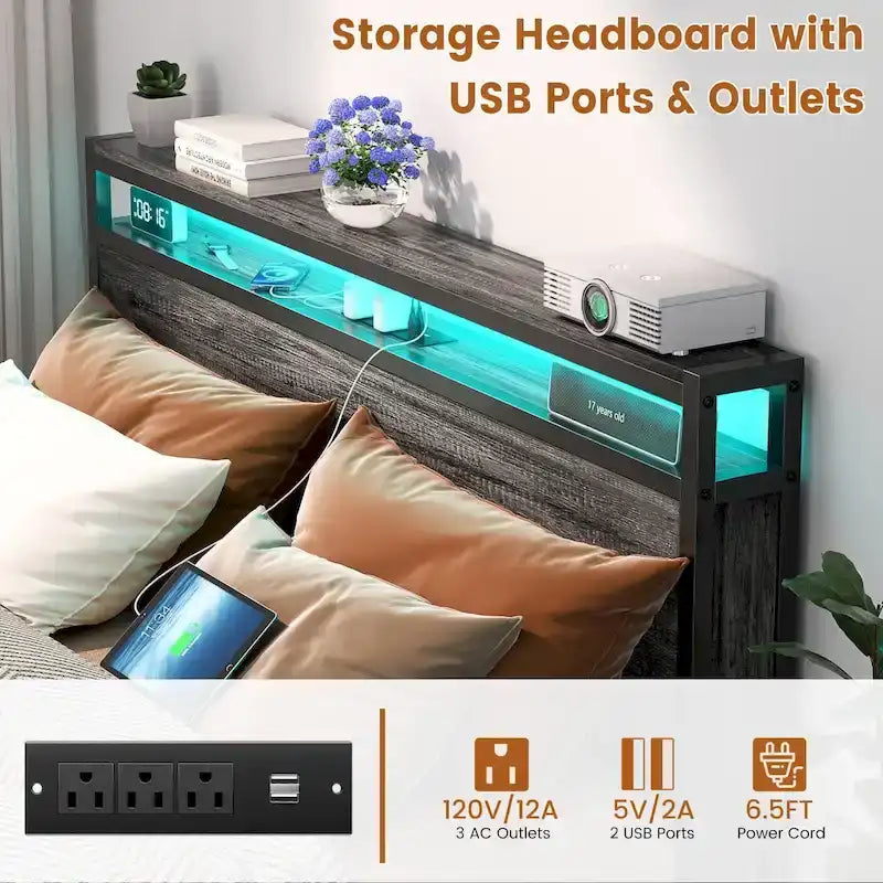 Cadre de lit plateforme avec tête de lit de rangement et LED – Marron / Gris / Noir, style industriel, simple