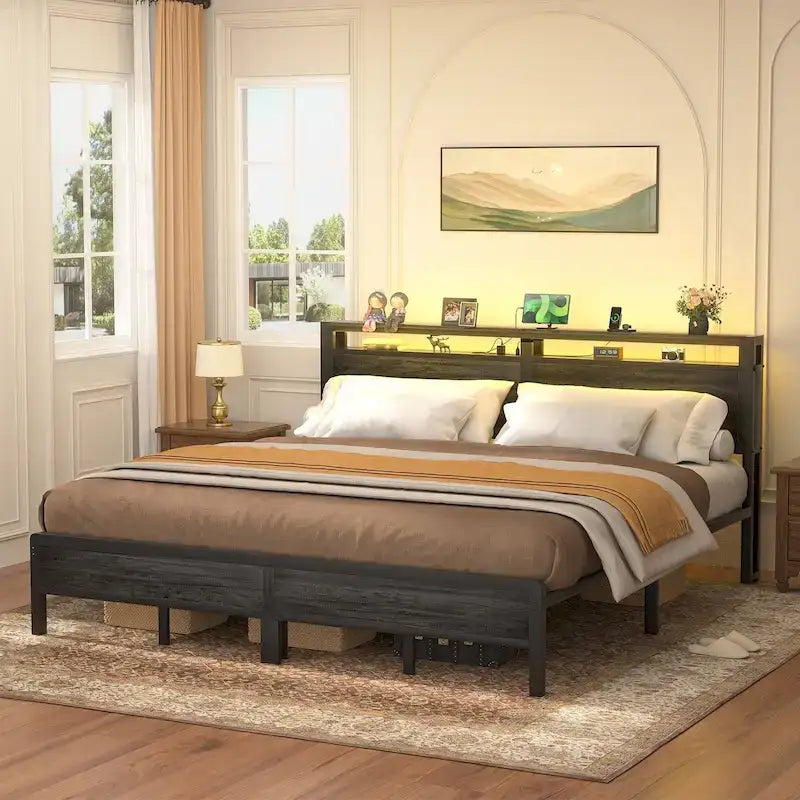 Cadre de lit plateforme avec tête de lit de rangement et LED – Marron / Gris / Noir, style industriel, simple