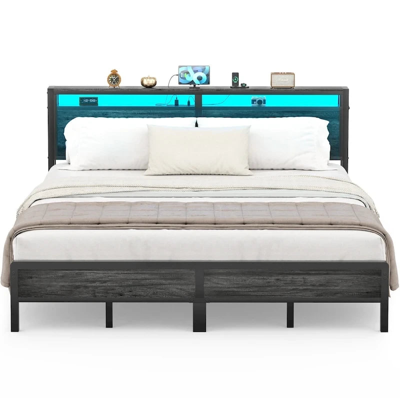 Cadre de lit plateforme avec tête de lit de rangement et LED – Marron / Gris / Noir, style industriel, simple