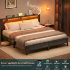 Cadre de lit plateforme avec tête de lit de rangement et LED – Marron / Gris / Noir, style industriel, simple