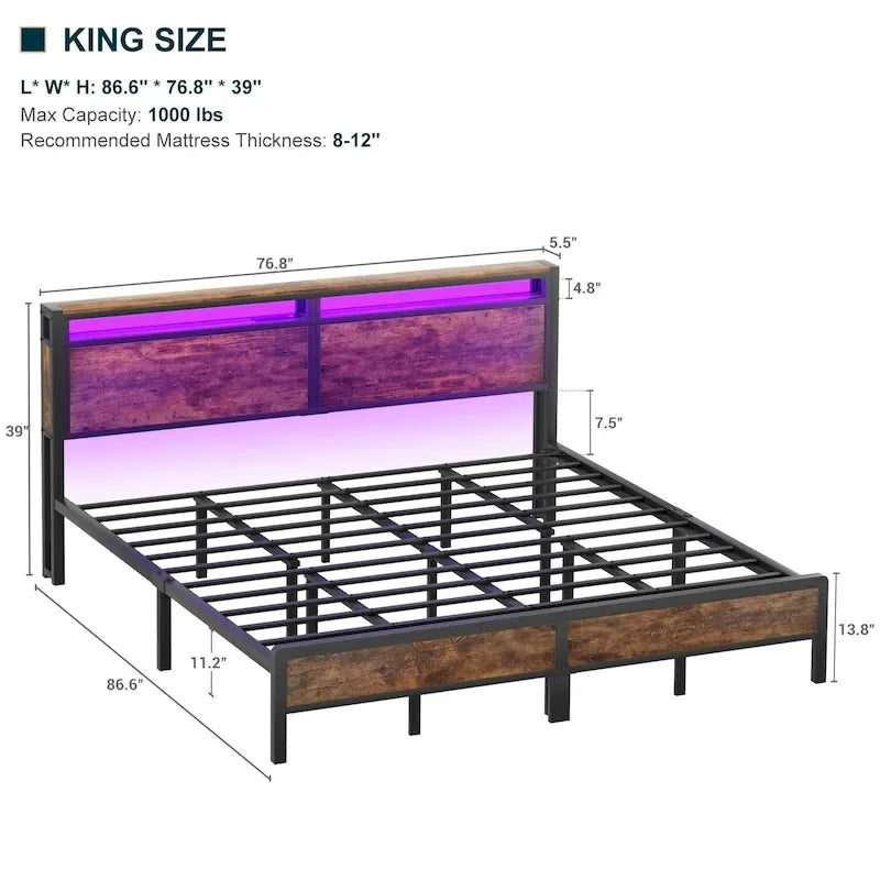 Cadre de lit plateforme avec tête de lit de rangement et LED – Marron / Gris / Noir, style industriel, simple