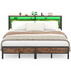 Cadre de lit plateforme avec tête de lit de rangement et LED – Marron / Gris / Noir, style industriel, simple