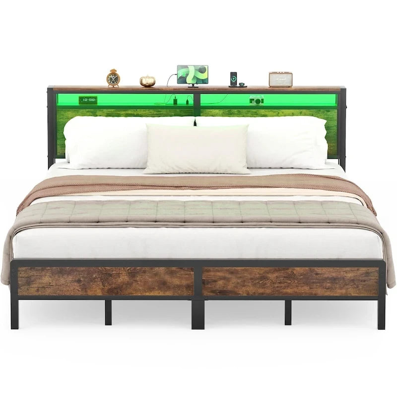 Cadre de lit plateforme avec tête de lit de rangement et LED – Marron / Gris / Noir, style industriel, simple