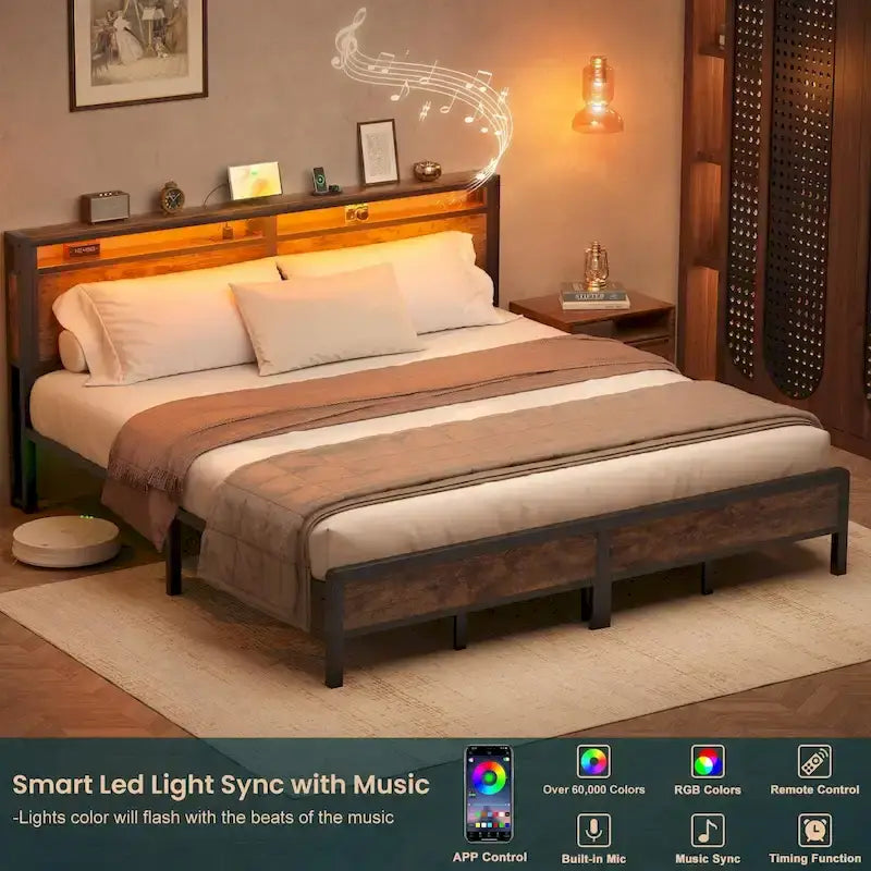 Cadre de lit plateforme avec tête de lit de rangement et LED – Marron / Gris / Noir, style industriel, simple