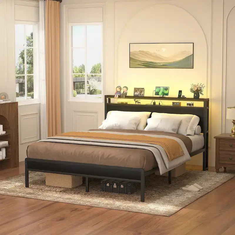 Cadre de lit plateforme avec tête de lit de rangement et LED – Marron / Gris / Noir, style industriel, simple